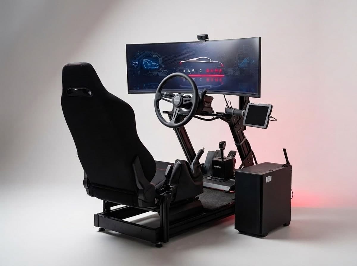Řidičský trenažér AUTOM TR3 se sedačkou, volantem, tabletem a zakřiveným monitorem