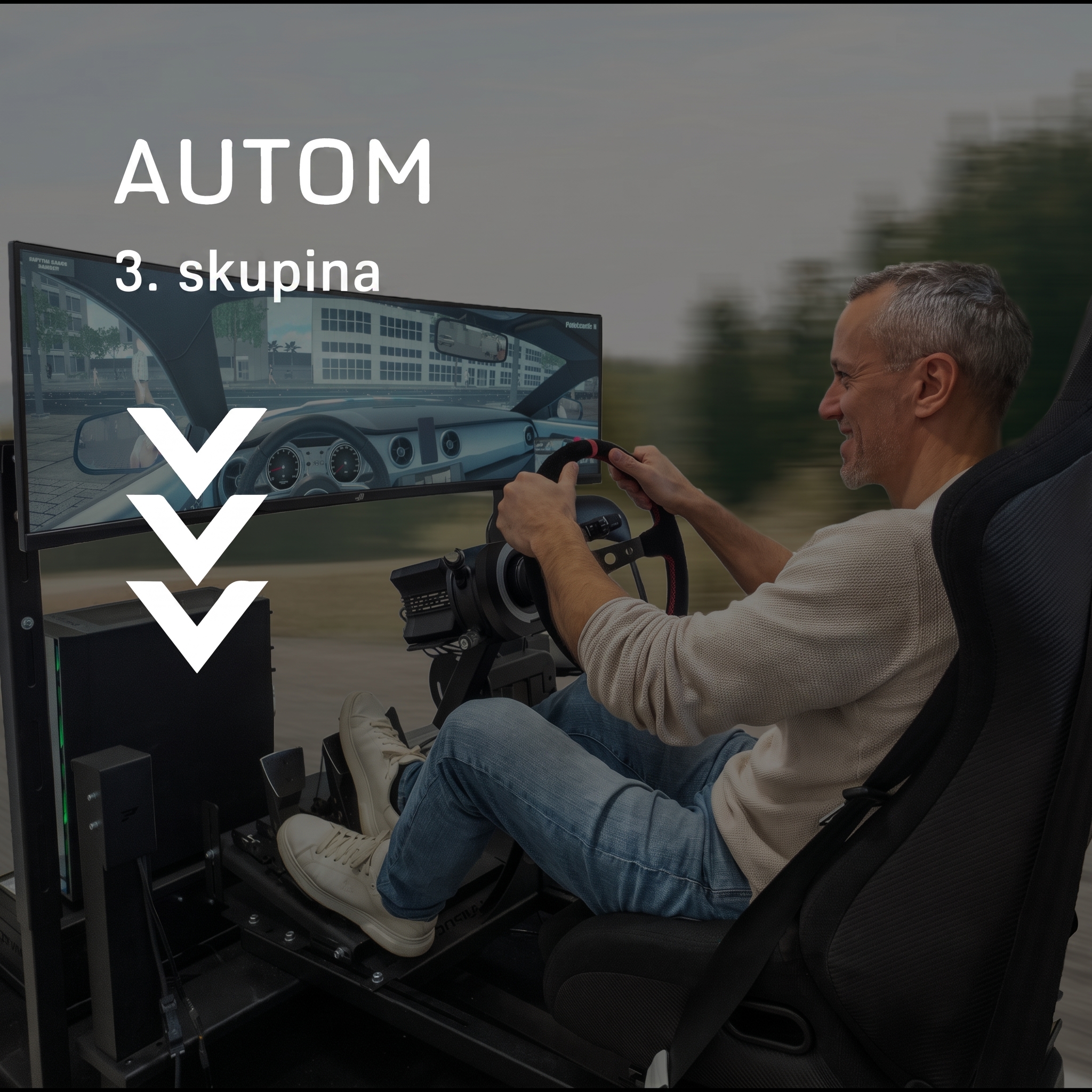 Řidičský trenažér 3. skupiny s realistickou simulací na obrazovce.
